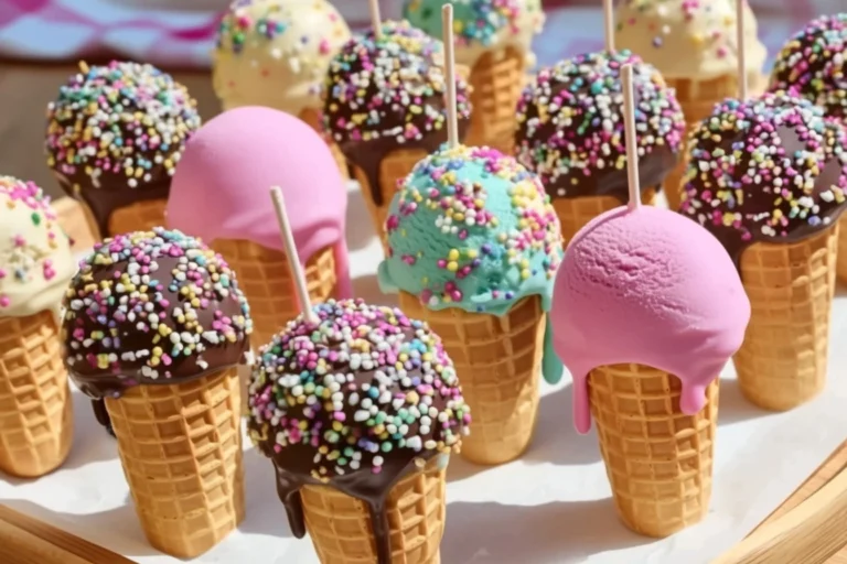 Ice cream cone cake pops decorated with colorful sprinkles and icing.