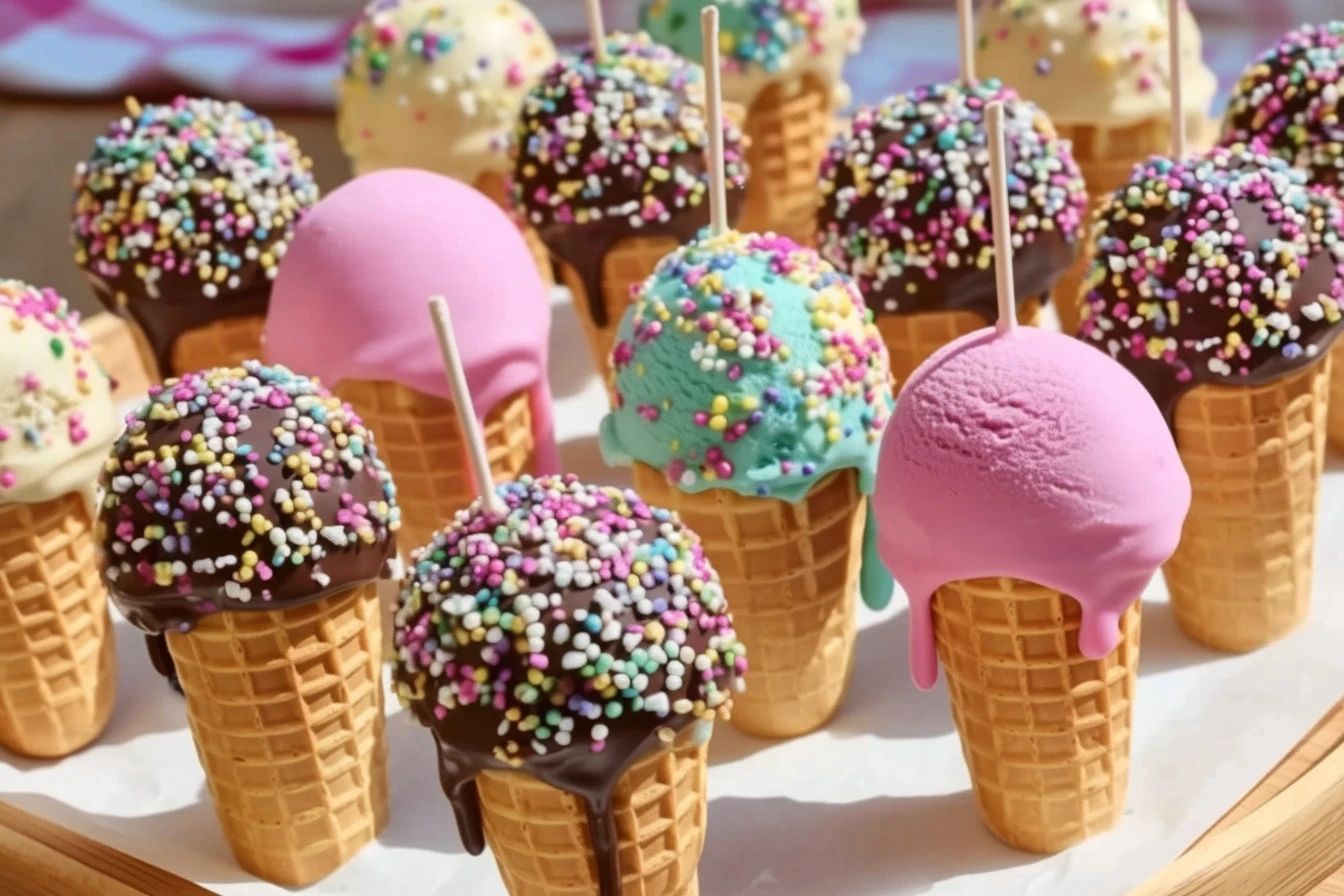 Ice cream cone cake pops decorated with colorful sprinkles and icing.