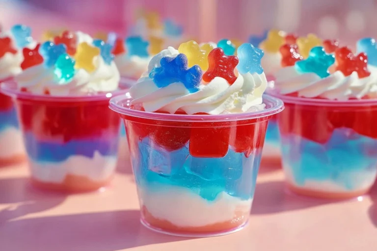 Colorful layered gelatin shots ready to serve at a party