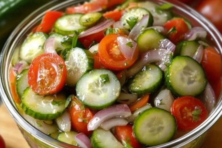 Marinated cucumber, tomato, and onion salad in a bowl