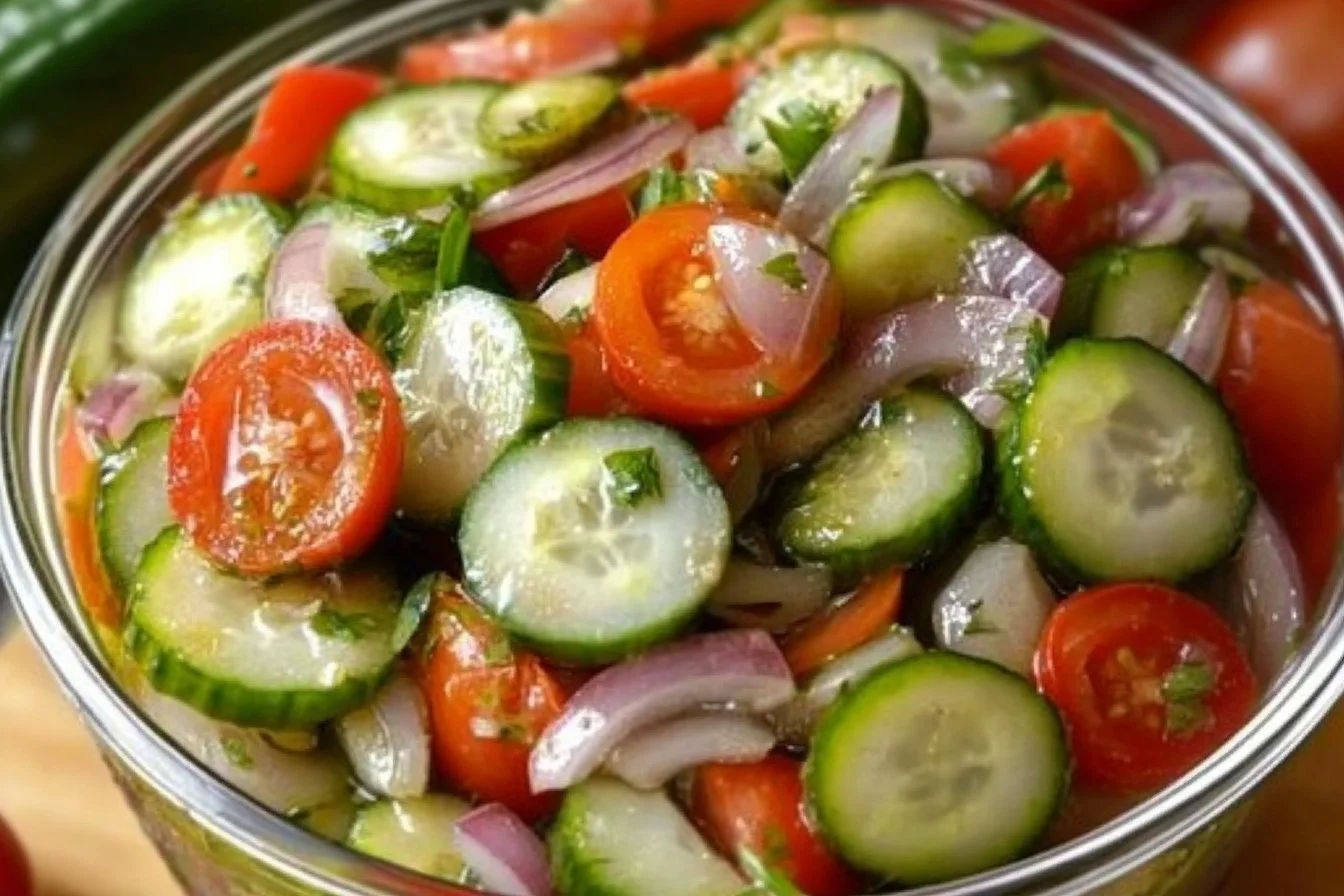 Marinated cucumber, tomato, and onion salad in a bowl