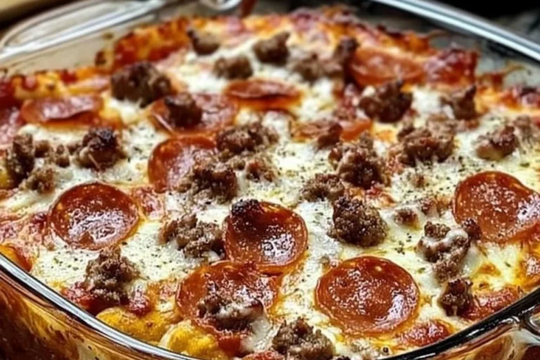 Delicious Meat Lovers Pizza Casserole topped with various meats and cheese