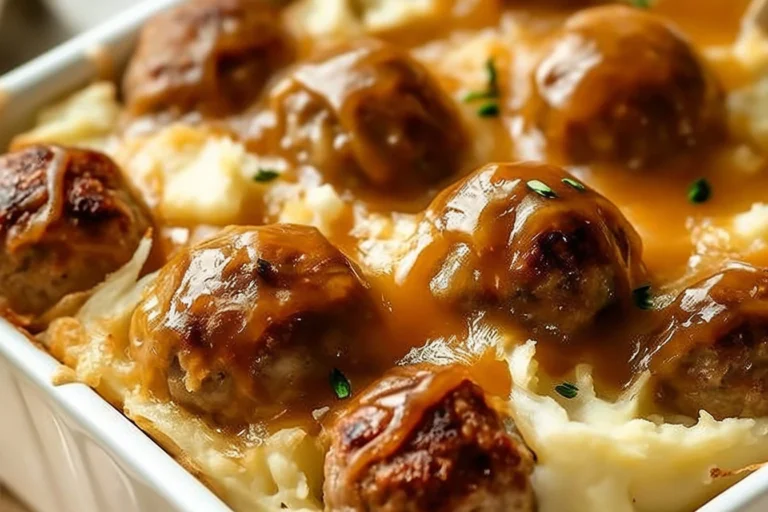 Delicious meatball and mashed potato bake served in a casserole dish