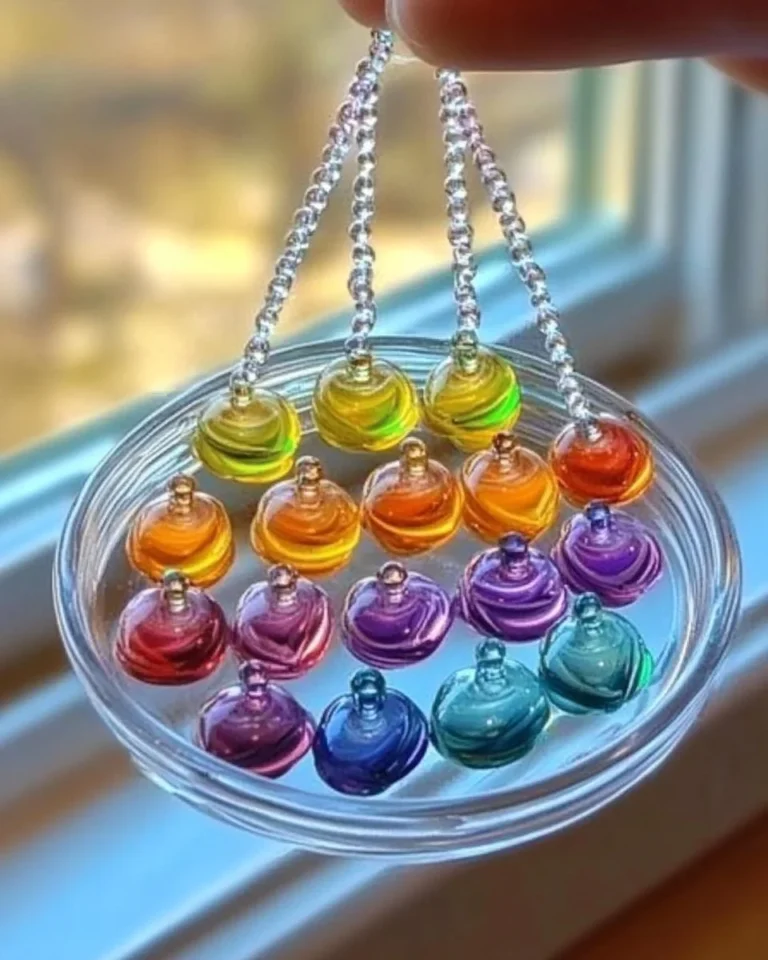 Colorful melted bead suncatchers hanging in a window