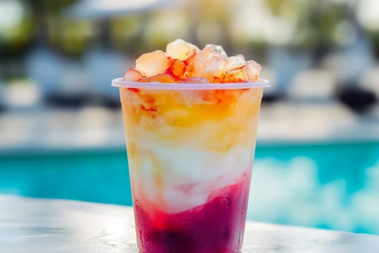 Colorful Miami Vice cocktail garnished with fruit, inspired by the iconic TV series.