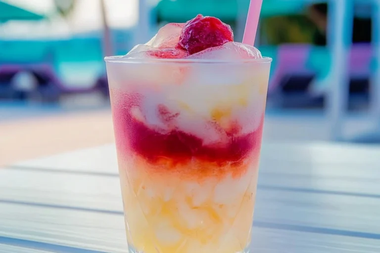 Miami Vice Cocktail in a colorful glass garnished with tropical fruits