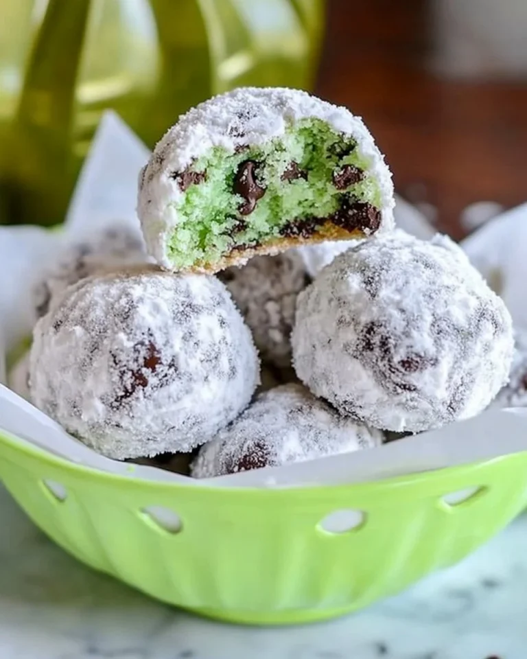 Mint Chocolate Chip Snowball Cookies with mint frosting and chocolate chips