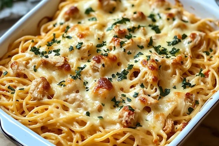 Delicious Monterey Chicken Spaghetti Casserole topped with cheese and herbs.