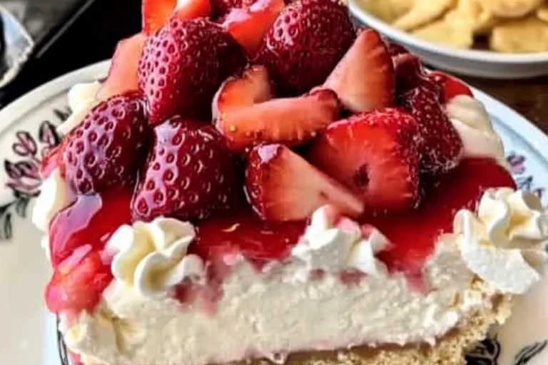 No-Bake Strawberry Cheesecake with fresh strawberries on top