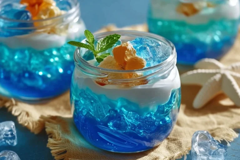 Colorful ocean-themed gelatin parfaits in clear glasses with sea-inspired decorations.