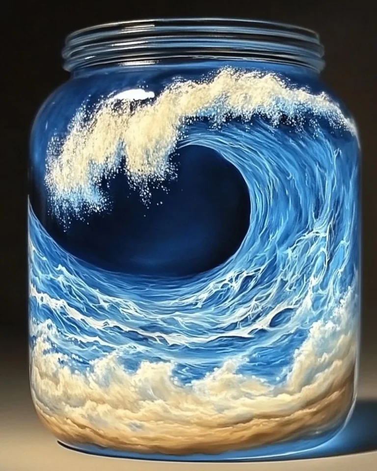 Ocean wave captured in a jar, showcasing the beauty of the sea.