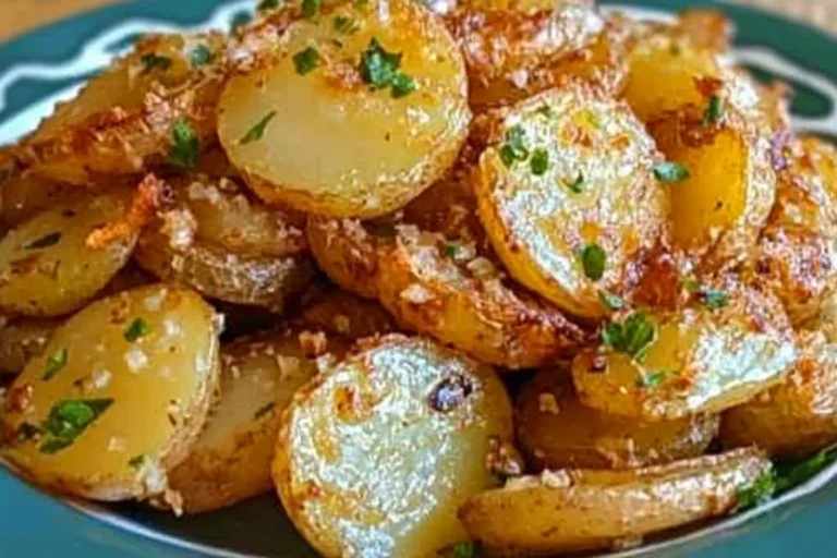 Delicious oven fried potatoes and onions dish served on a plate
