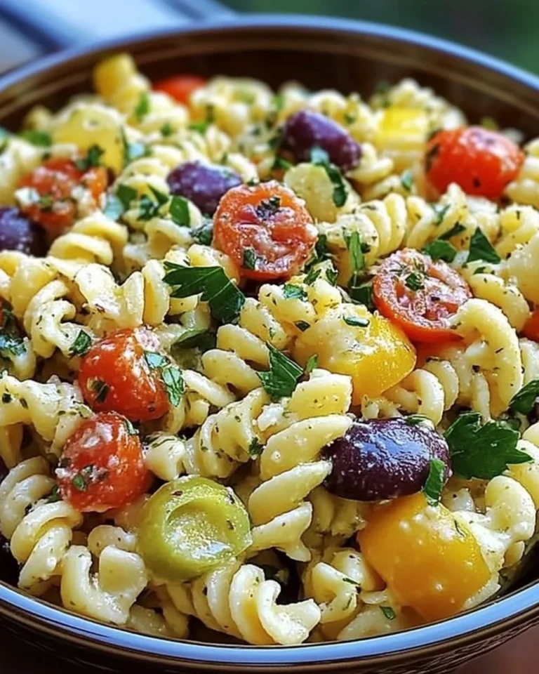 Colorful and fresh pasta salad with vegetables and dressing