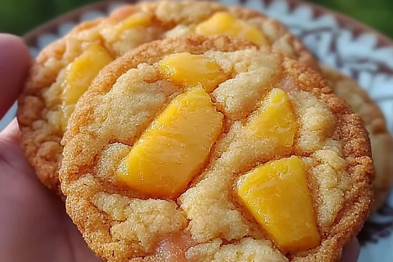 Delicious Peach Cobbler Cookies fresh out of the oven, topped with peach slices.