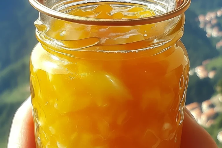 Homemade Peach Pineapple Jam in a jar with fresh peaches and pineapples