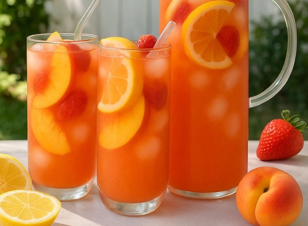 Freshly made Peach Strawberry Lemonade in a glass with fruit garnish