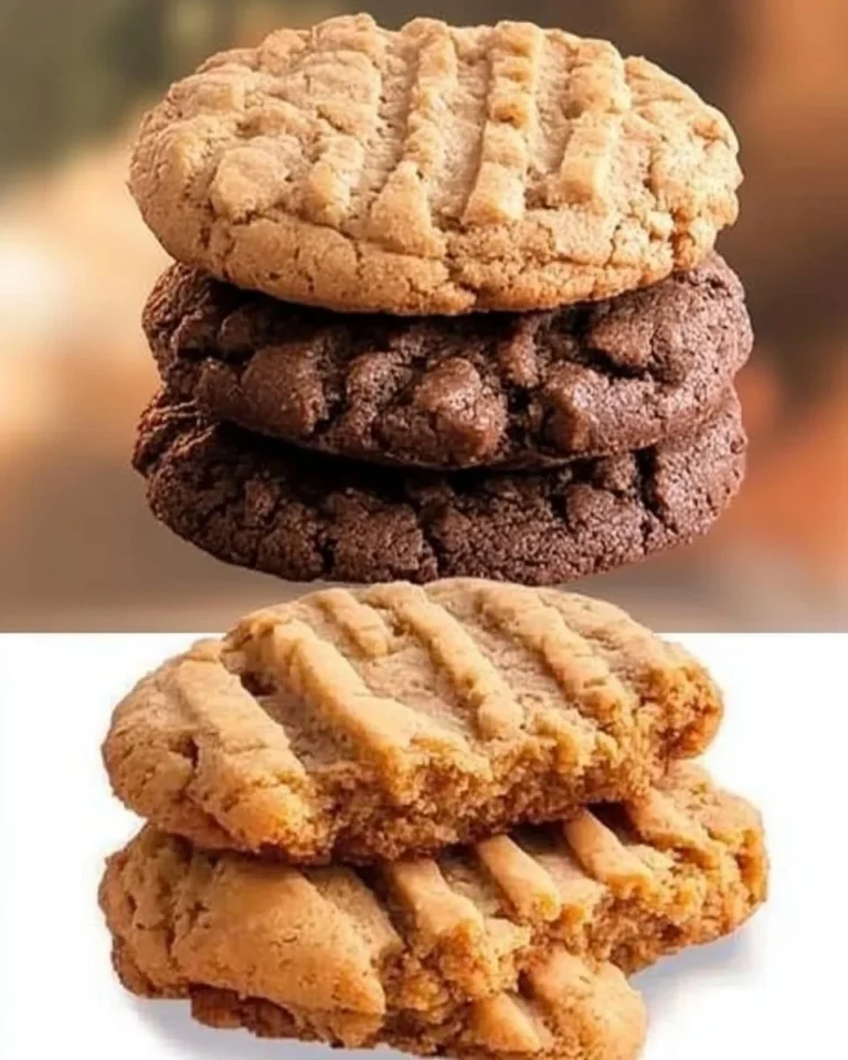 Peanut butter cookies in three different styles on a wooden table