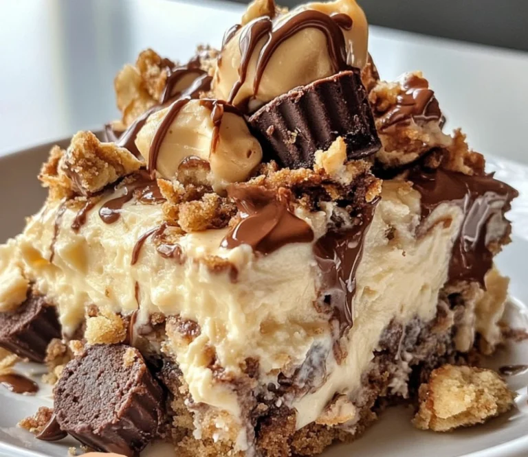 Decadent Peanut Butter Cup Dump Cake with chocolate and peanut butter toppings
