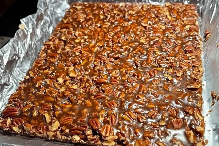 Delicious pecan pie bark with nuts and chocolate, perfect for a festive treat.