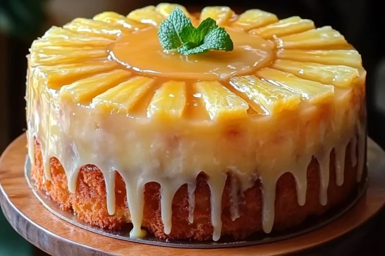 Delicious Pineapple Juice Cake topped with coconut flakes on a white plate