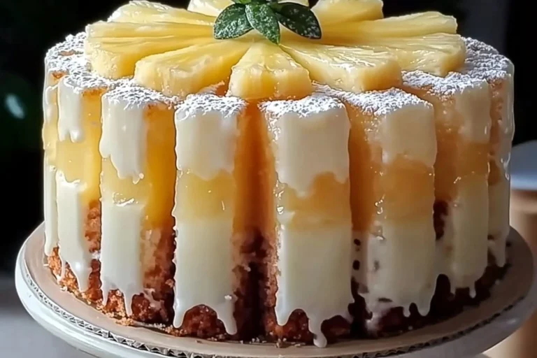 Delicious pineapple juice cake served on a plate garnished with fresh pineapple slices.