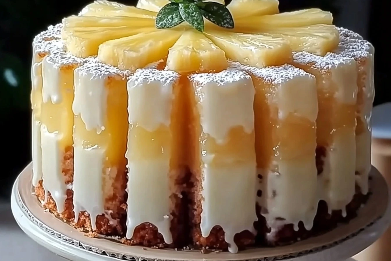 Delicious pineapple juice cake served on a plate garnished with fresh pineapple slices.