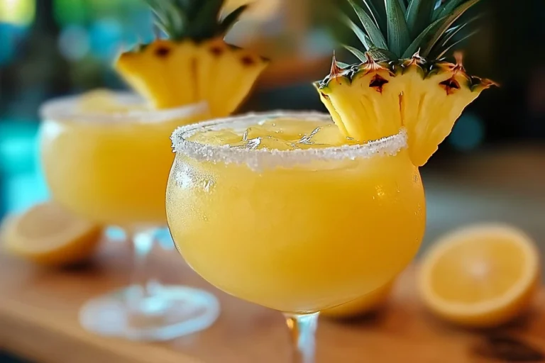 Pineapple Lemon Drop cocktail garnished with fresh pineapple and lemon.