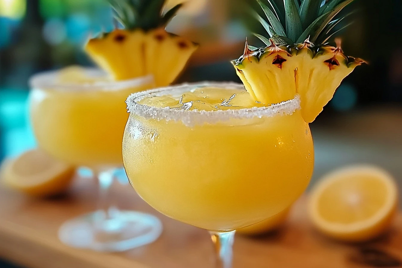 Pineapple Lemon Drop cocktail garnished with fresh pineapple and lemon.