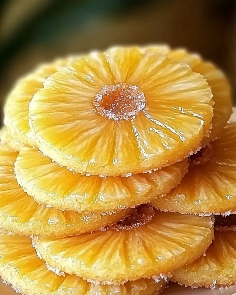 Pineapple Upside Down Sugar Cookies on a plate, topped with cherries and pineapple.