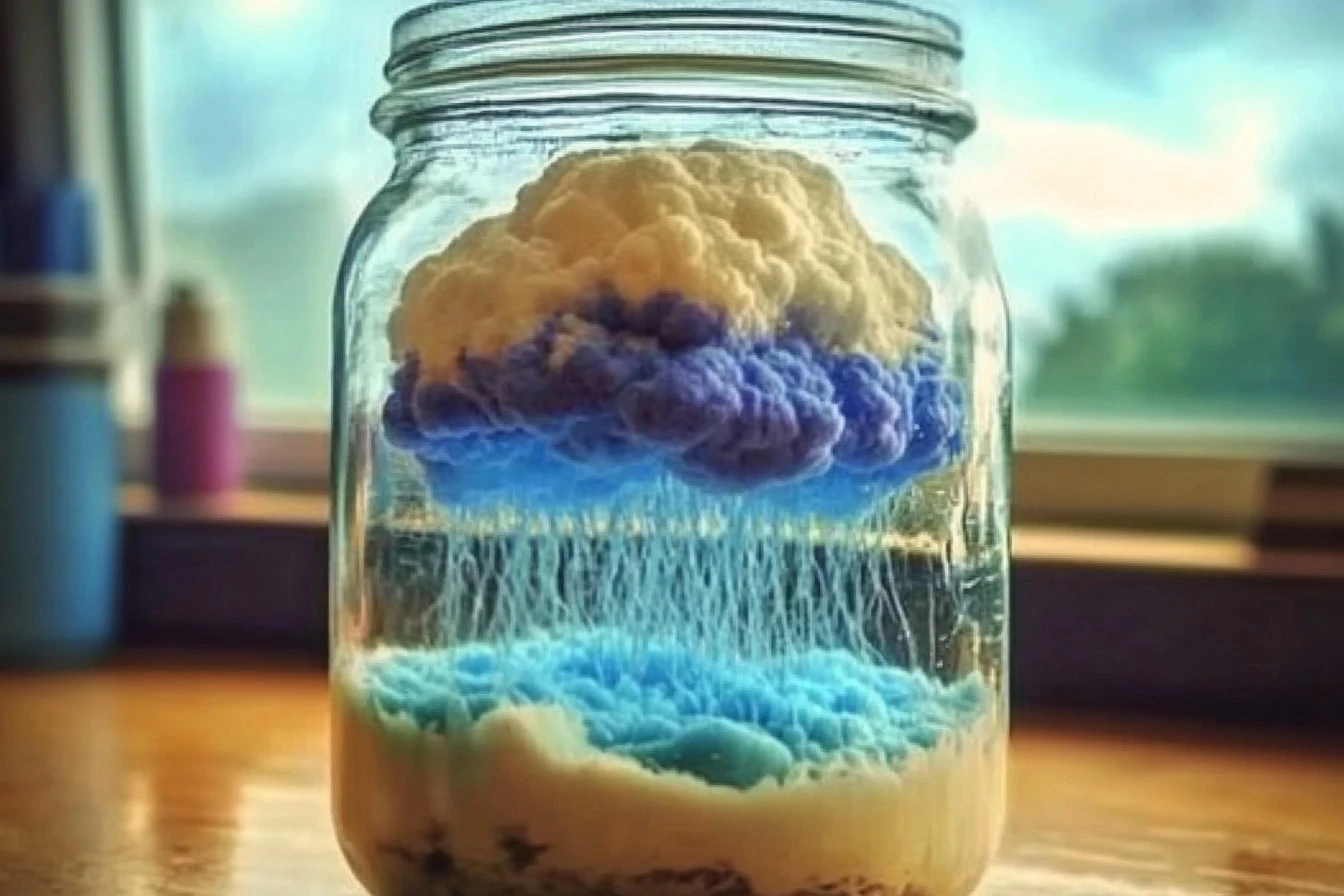 A DIY rain cloud in a jar showcasing science project with water and shaving cream