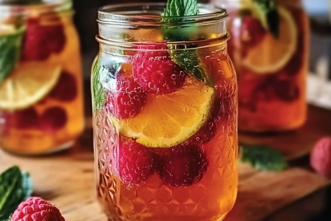 A cup of refreshing Raspberry Green Tea with raspberries and green tea leaves