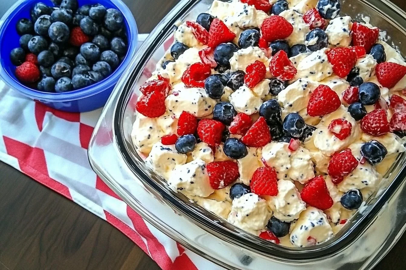 Red, White and Blue Cheesecake Salad with fresh strawberries and blueberries