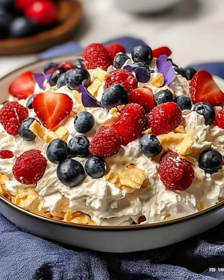 Delicious Red White and Blue Cheesecake Salad with berries and creamy topping