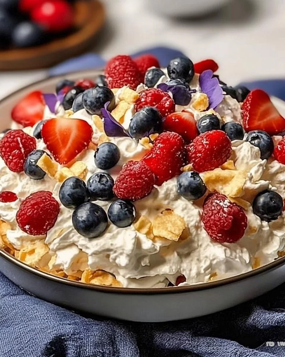 Delicious Red White and Blue Cheesecake Salad with berries and creamy topping