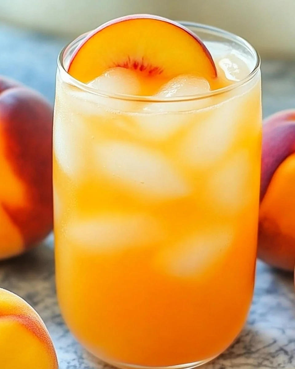 Glass of refreshing peach lemonade with peaches and lemons