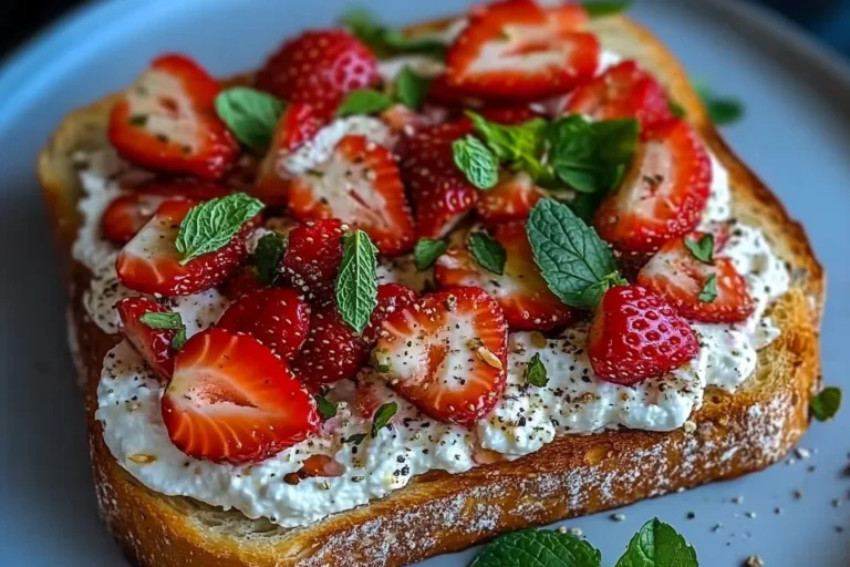 Roasted strawberry whipped ricotta toast topped with fresh strawberries
