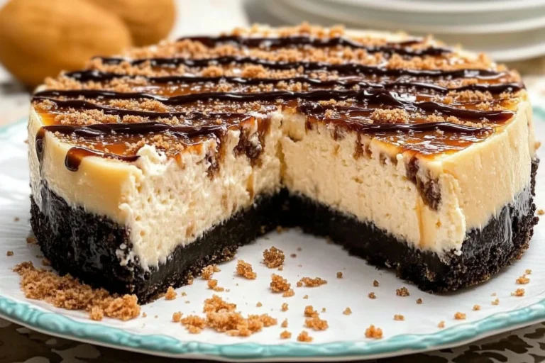 Sliced Samoa Cheesecake topped with coconut and caramel drizzles