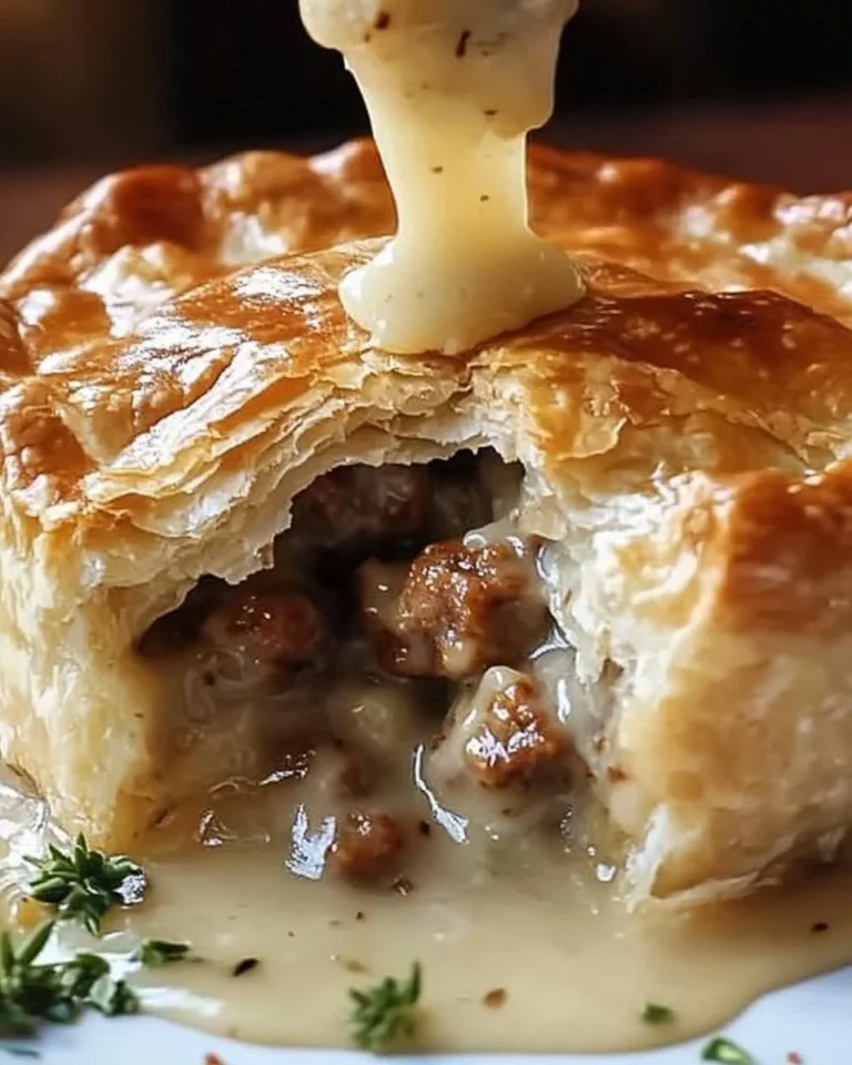 Sausage Gravy Puff Pie served with a side of herbs on a rustic table
