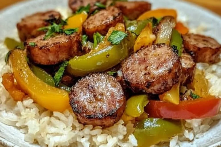 Sausage and peppers served over rice with onions in a vibrant dish.