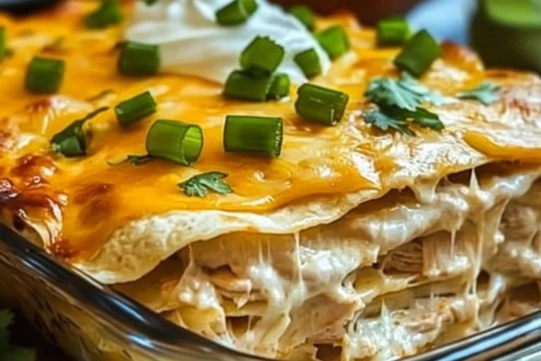 Sour Cream Chicken Enchilada Casserole served on a plate with toppings