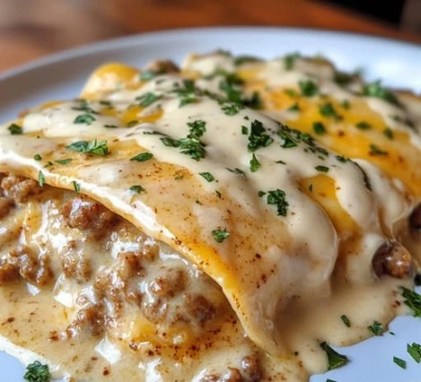 Southern breakfast enchiladas with sausage gravy served on a plate