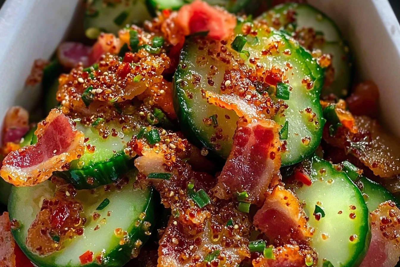 Spicy Cucumber Bacon Salad featuring fresh cucumbers and crispy bacon