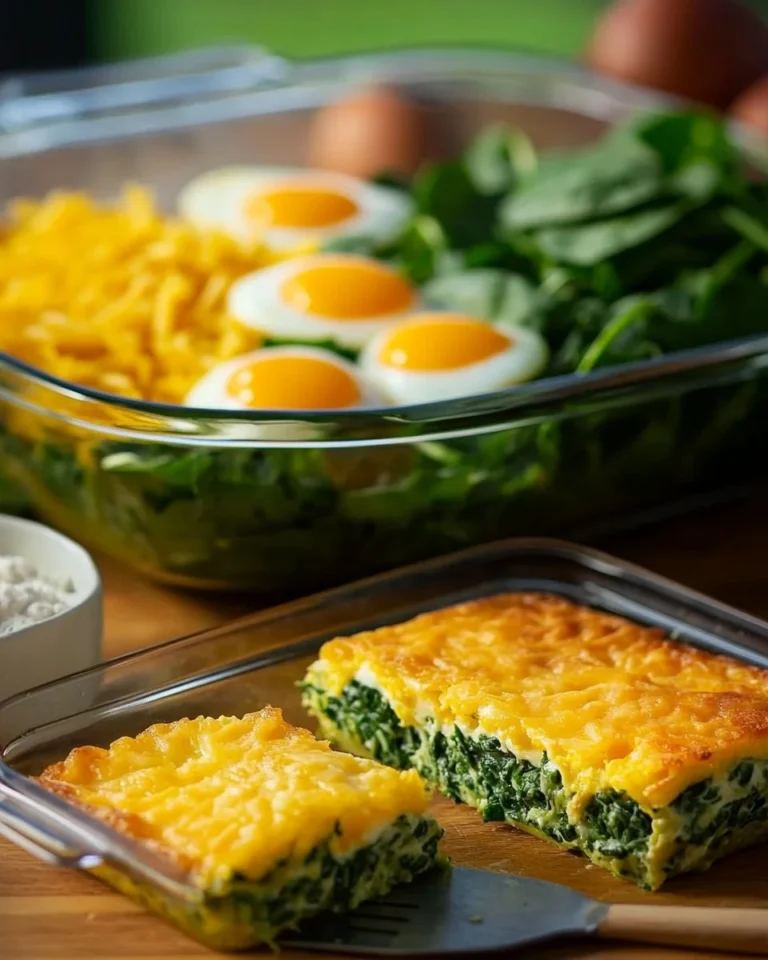 Spinach and cheese egg bake served in a cozy dish, perfect for breakfast.