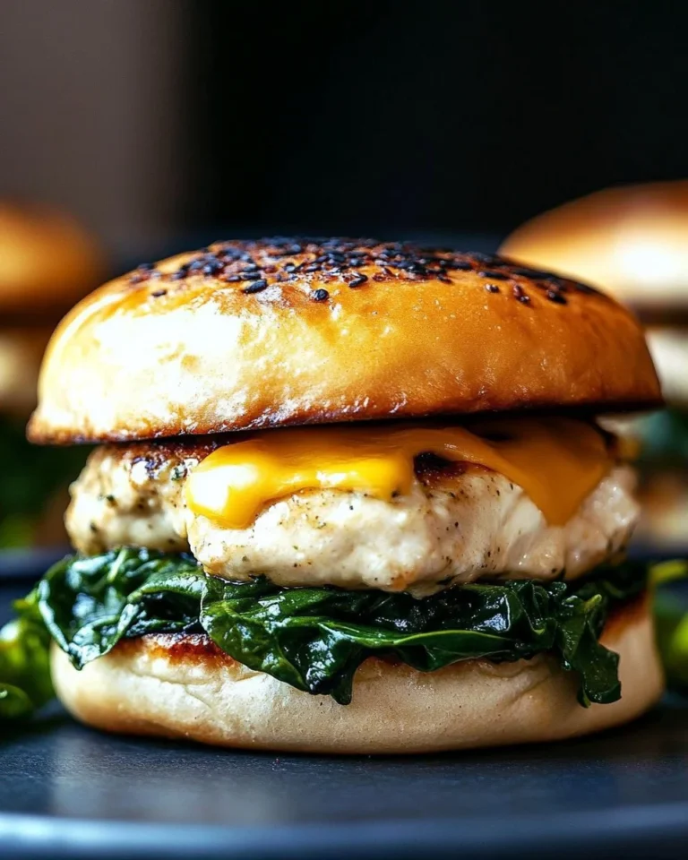 Spinach and white cheddar chicken burgers served on a plate with fresh toppings