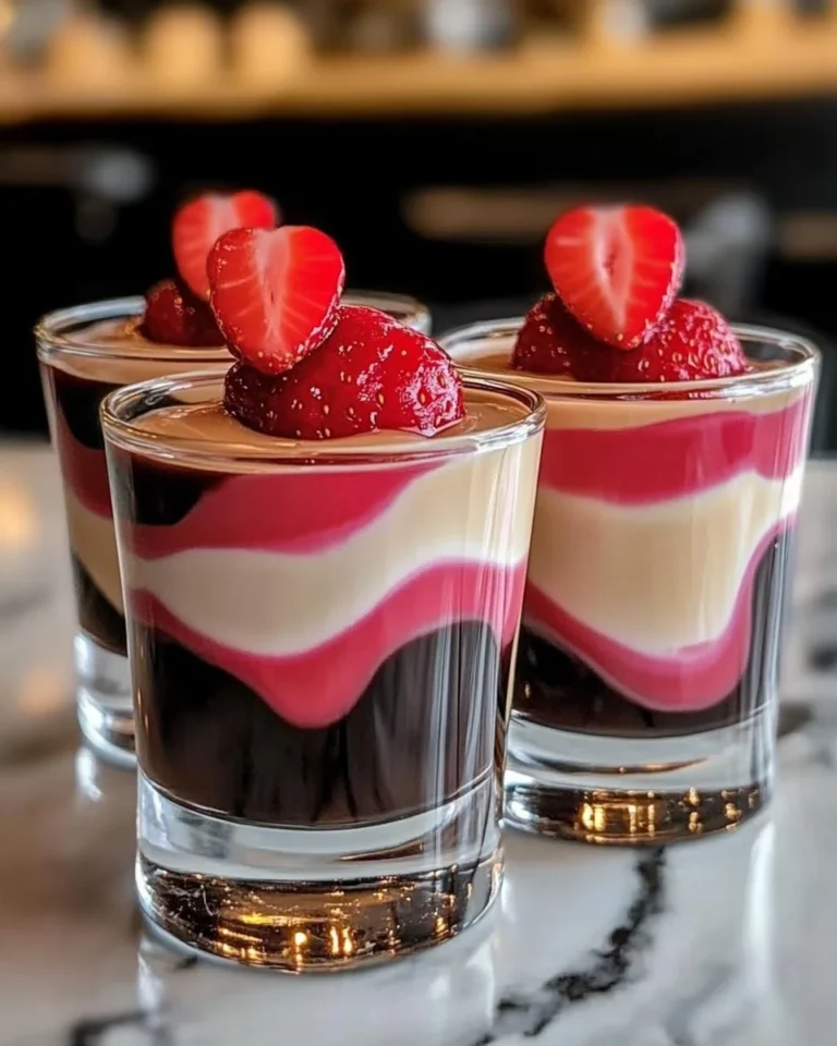 Strawberry and Coffee Layered Shots served in glasses with vibrant layers