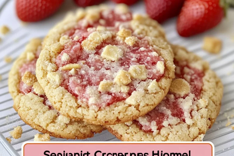 Freshly baked strawberry crunch cookies with strawberry pieces and crunchy topping.