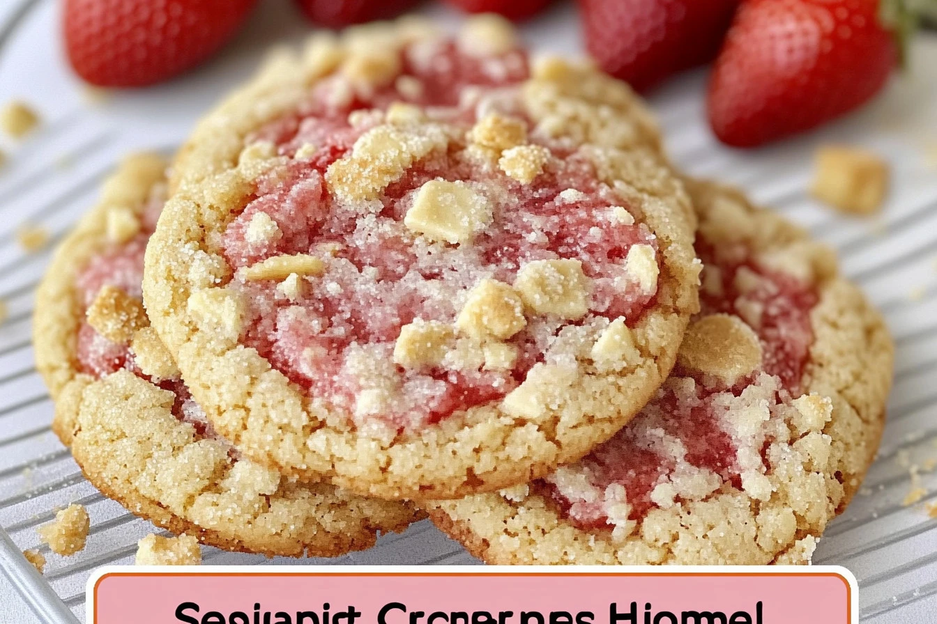 Freshly baked strawberry crunch cookies with strawberry pieces and crunchy topping.