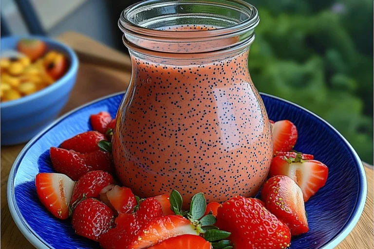 Fresh strawberry poppyseed dressing in a glass jar with colorful salad
