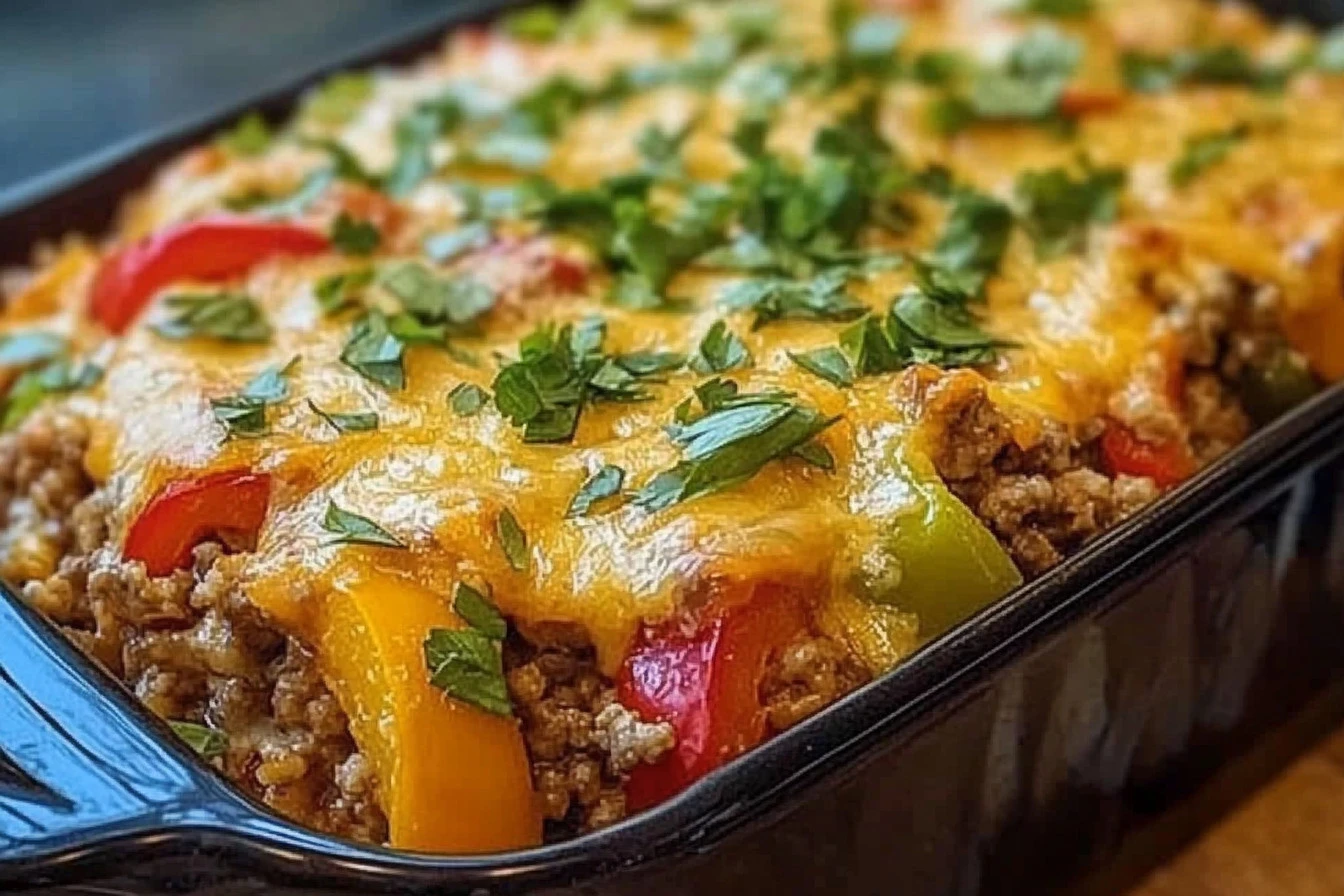 Delicious stuffed pepper casserole topped with melted cheese and fresh herbs.