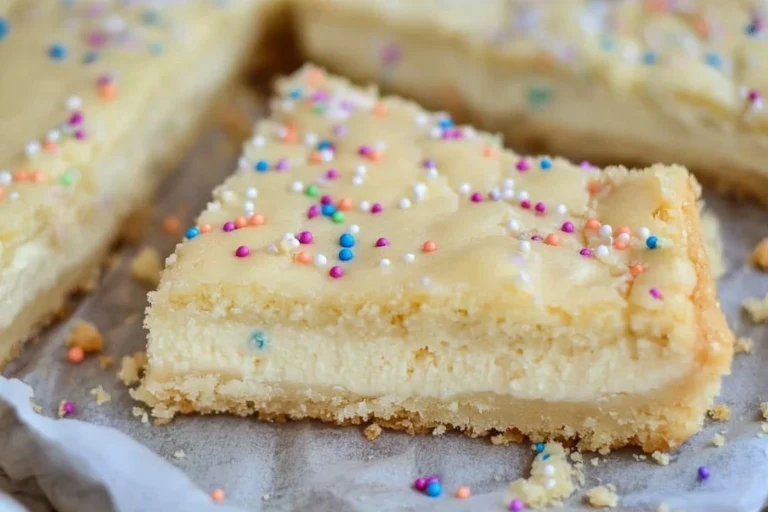 Delicious Sugar Cookie Cheesecake Bars topped with colorful sprinkles